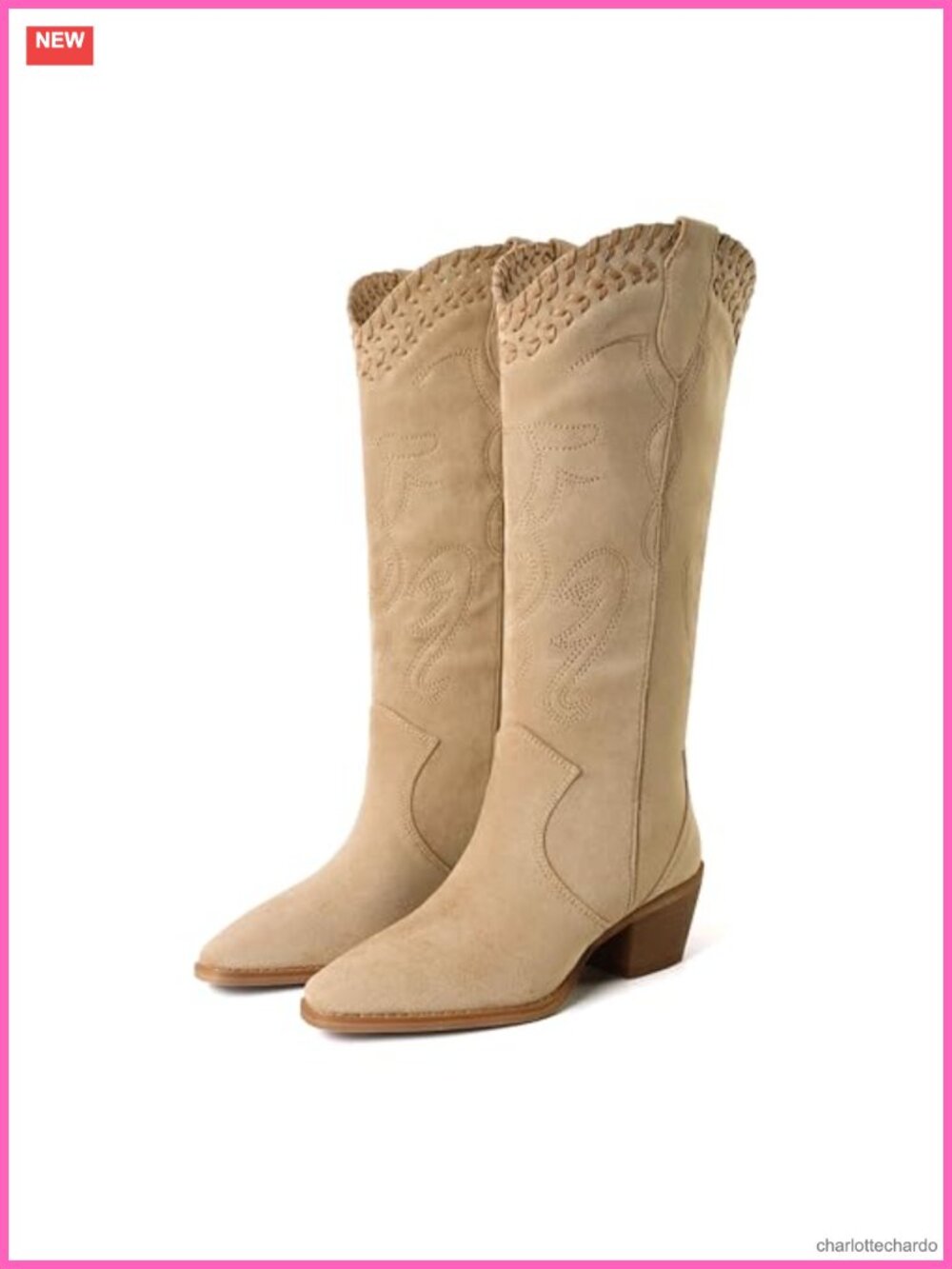 Embroidered Suede Knee High Cowgirl Boots Chunky Heel Pull On Western